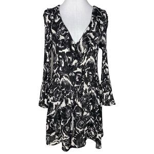 Sheer Floral Button Front Dress M Black White Bell Sleeve Whimsigoth Witchy Goth
